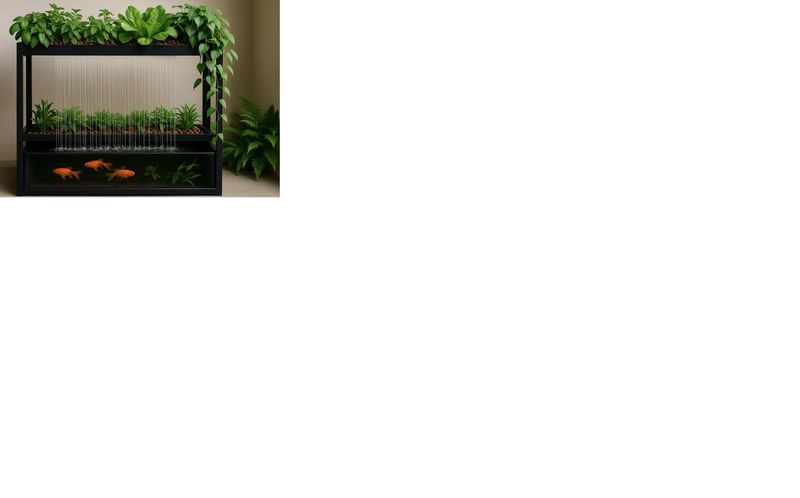 Aquaponic system with goldfish leafy greens and cascading water